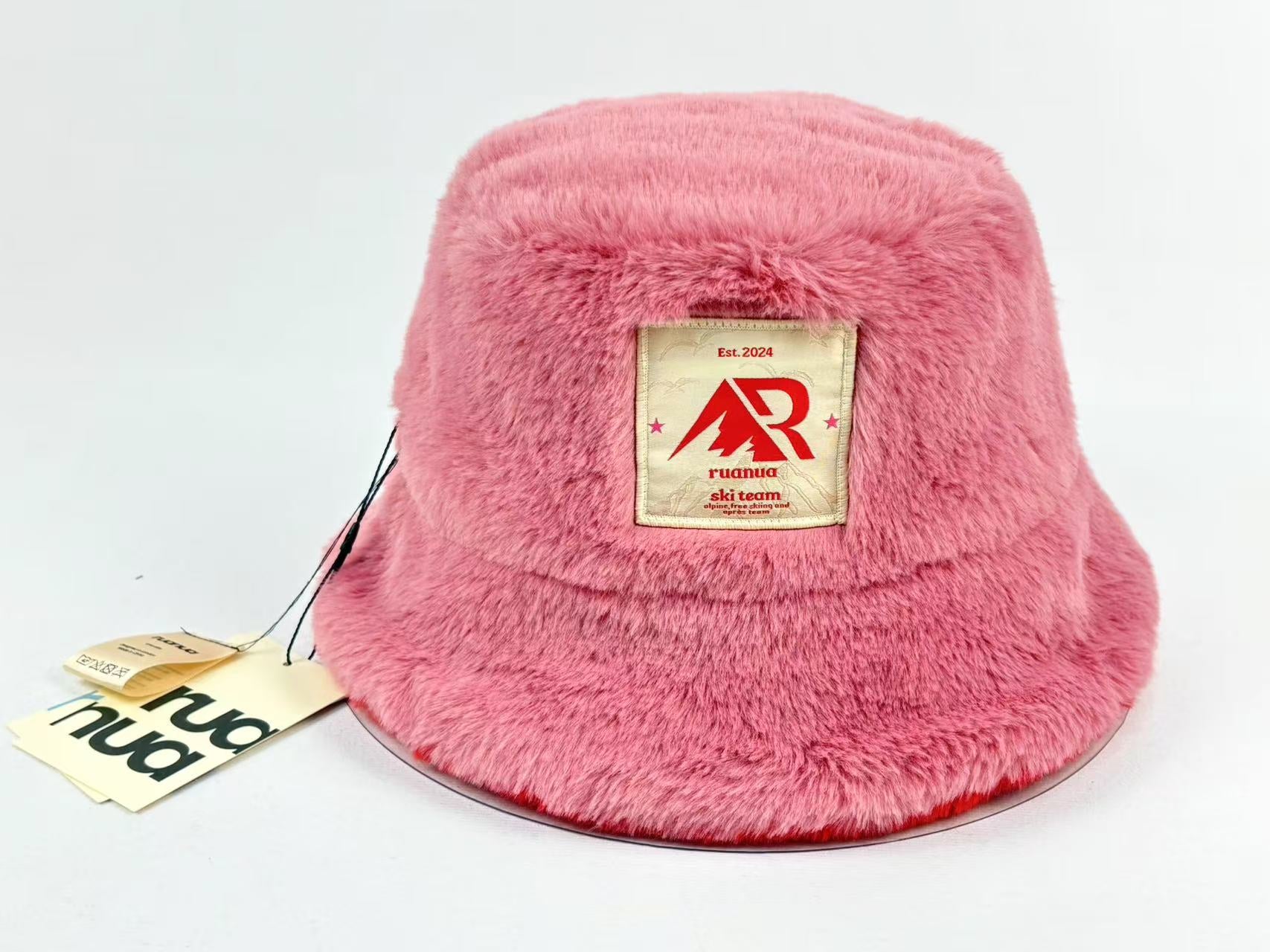 Faux Fur Reversible Bucket Hat - Pink and Red