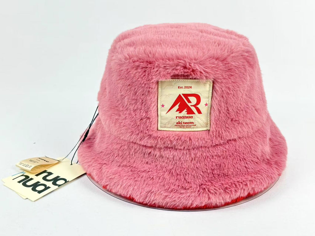 Faux Fur Reversible Bucket Hat - Pink and Red