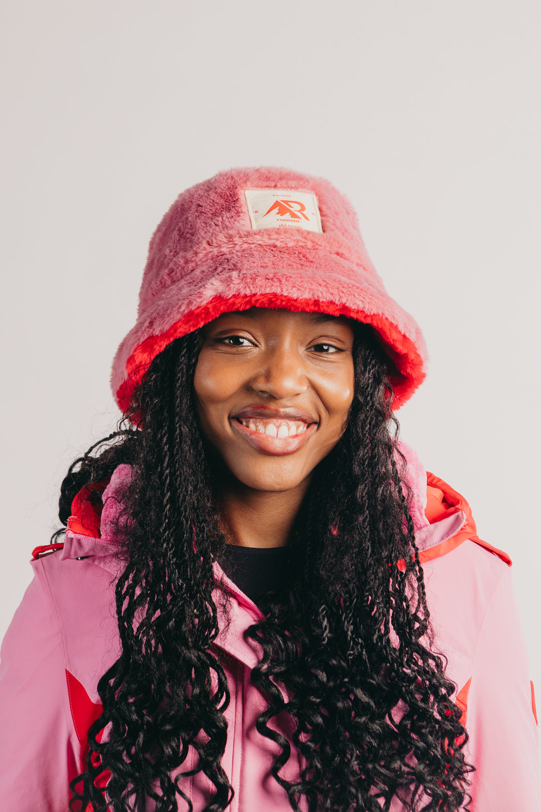 Faux Fur Reversible Bucket Hat - Pink and Red
